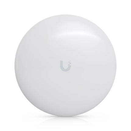 Front angled view of the white, disc-shaped Ubiquiti NanoBeam AC Gen2 5GHz 19dBi wireless bridge dish antenna featuring a sleek ball-joint mounting base.