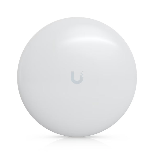 Front angled view of the white, disc-shaped Ubiquiti NanoBeam AC Gen2 5GHz 19dBi wireless bridge dish antenna featuring a sleek ball-joint mounting base.