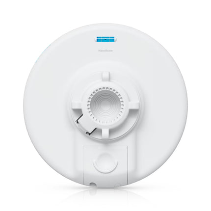 Close-up view of the interior port bay on a NanoBeam AC Gen2 with the weather shroud removed, revealing the Gigabit Ethernet RJ45 port with passive PoE support.