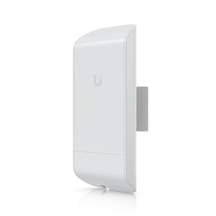 Ubiquiti NanoStation Loco M2 LOCOM2 2.4GHz outdoor CPE — side angle view showing integrated 8dBi MIMO antenna and compact weatherproof housing
