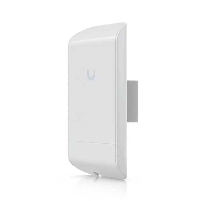Ubiquiti NanoStation Loco M2 LOCOM2 2.4GHz outdoor CPE — side angle view showing integrated 8dBi MIMO antenna and compact weatherproof housing