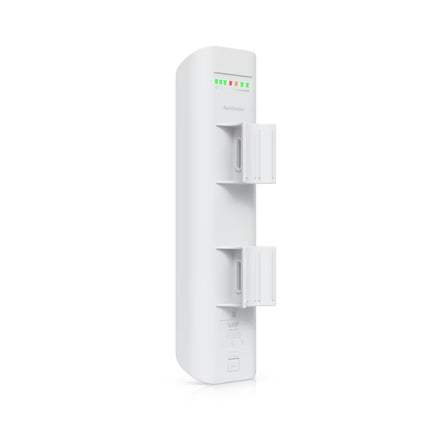 Close-up view of the bottom port compartment on the Ubiquiti NSM2 featuring secondary LAN port with software-enabled PoE passthrough for IP camera integration.