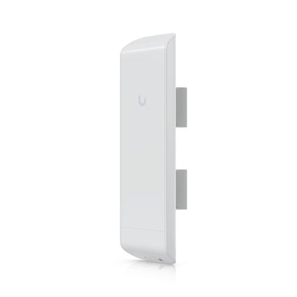 Rear view of the Ubiquiti NanoStation M2 highlighting the vertical array of green LED signal strength indicators and the integrated pole-mounting bracket.