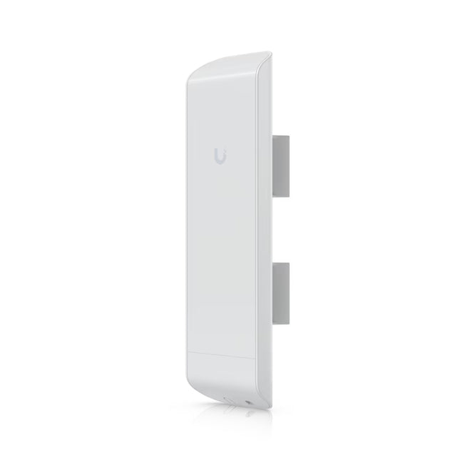 Rear view of the Ubiquiti NanoStation M2 highlighting the vertical array of green LED signal strength indicators and the integrated pole-mounting bracket.