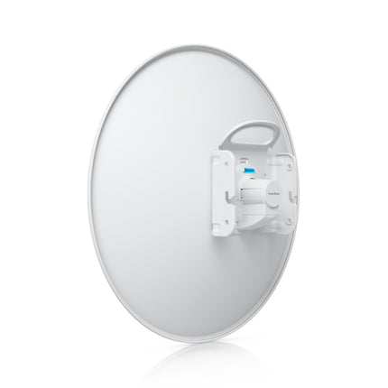 Rear angle of the Ubiquiti PowerBeam Gen2 antenna displaying the updated heavy-duty pole mounting bracket system with precise mechanical elevation tilt adjustments.