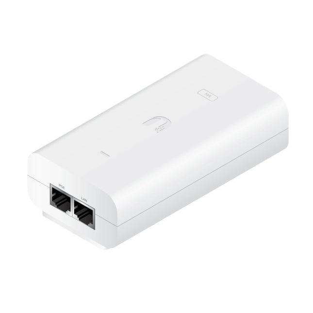 Ubiquiti 54V 80W PoE Injector showing Gigabit LAN and High-Power PoE RJ45 ports