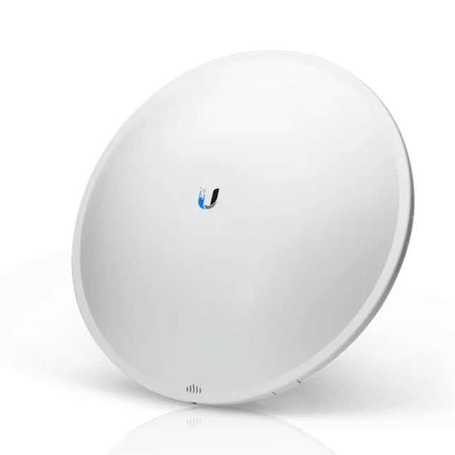 Ubiquiti PowerBeam 5AC 500 outdoor 5GHz 27dBi wireless bridge featuring its solid 500mm parabolic dish reflector and protective white radome cover.
