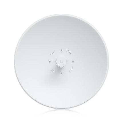 Rear perspective of the Ubiquiti PBE-5AC-500 showcasing the heavy-duty galvanized steel pole bracket with mechanical tilt adjustment bolts.