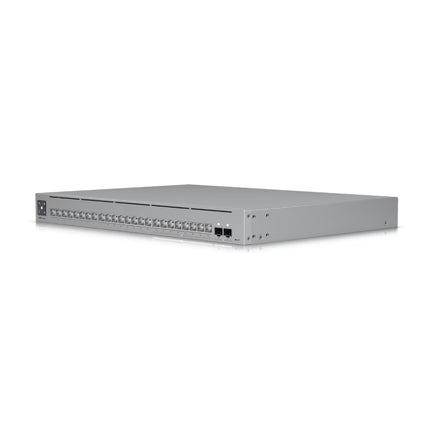 Ubiquiti UniFi Pro Max 24 switch close-up view showing illuminated Etherlighting 2.5GbE RJ45 ports and 10G SFP+ uplink slots