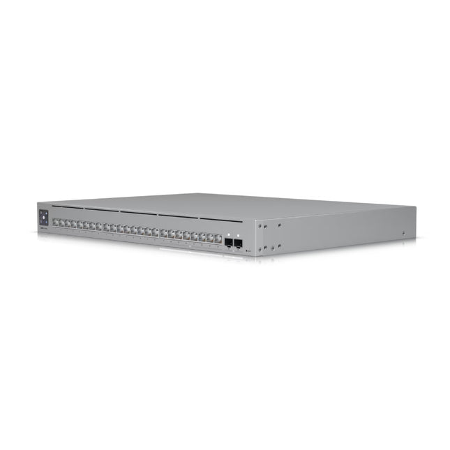 Ubiquiti UniFi Pro Max 24 switch close-up view showing illuminated Etherlighting 2.5GbE RJ45 ports and 10G SFP+ uplink slots