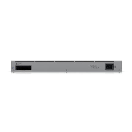 Ubiquiti UniFi Pro Max 24 switch rear panel showing AC power input and USP-RPS DC redundant power connector