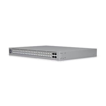 Close-up of the Ubiquiti Pro Max 48 switch showcasing the illuminated Etherlighting RJ45 ports glowing with custom colors for port speed and VLAN tracking.