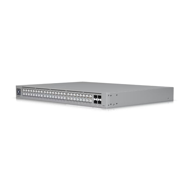 Close-up of the Ubiquiti Pro Max 48 switch showcasing the illuminated Etherlighting RJ45 ports glowing with custom colors for port speed and VLAN tracking.