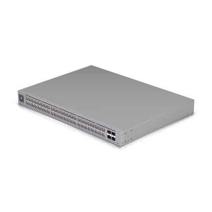 Rear panel view of the Ubiquiti UniFi USW-Pro-Max-48 switch showing the internal cooling vents and power supply inputs.