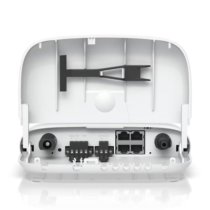 Ubiquiti SM-SP-40 sunMAX SolarPoint weathered outdoor enclosure showing the four 24V Passive PoE ports.