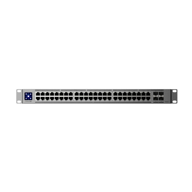 Ubiquiti Switch Enterprise 48 Port PoE Layer 3 switch front view showing 1.3-inch LCM color touchscreen display