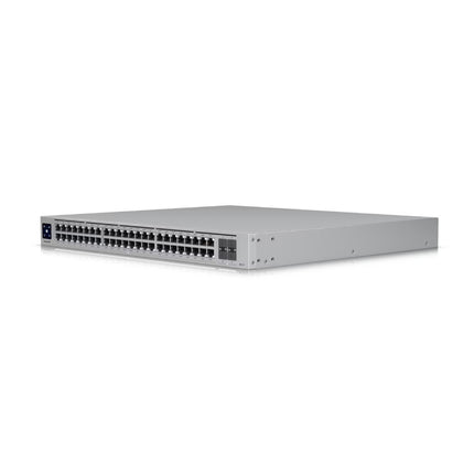 Ubiquiti Switch Enterprise 48 Port PoE close-up view showing 2.5GbE RJ45 PoE+ ports and 10G SFP+ uplink slots