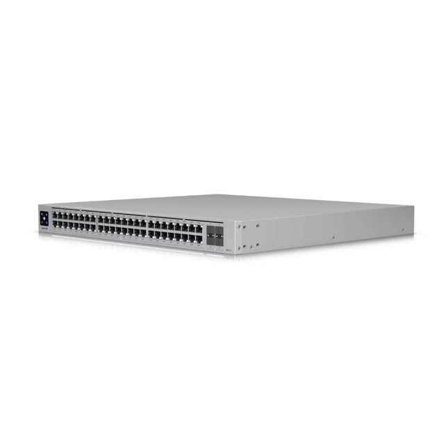 Ubiquiti Switch Enterprise 48 Port PoE close-up view showing 2.5GbE RJ45 PoE+ ports and 10G SFP+ uplink slots