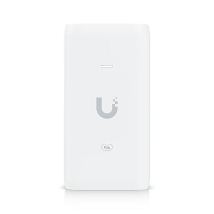 Close-up of the Gigabit LAN and PoE Ethernet ports on the Ubiquiti U-PoE 15W injector.