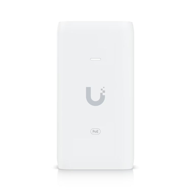 Close-up of the Gigabit LAN and PoE Ethernet ports on the Ubiquiti U-PoE 15W injector.