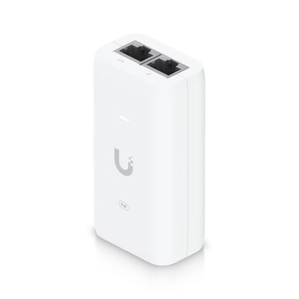 Front view of the Ubiquiti U-PoE 15W Gigabit PoE adapter showing status indicator LED.
