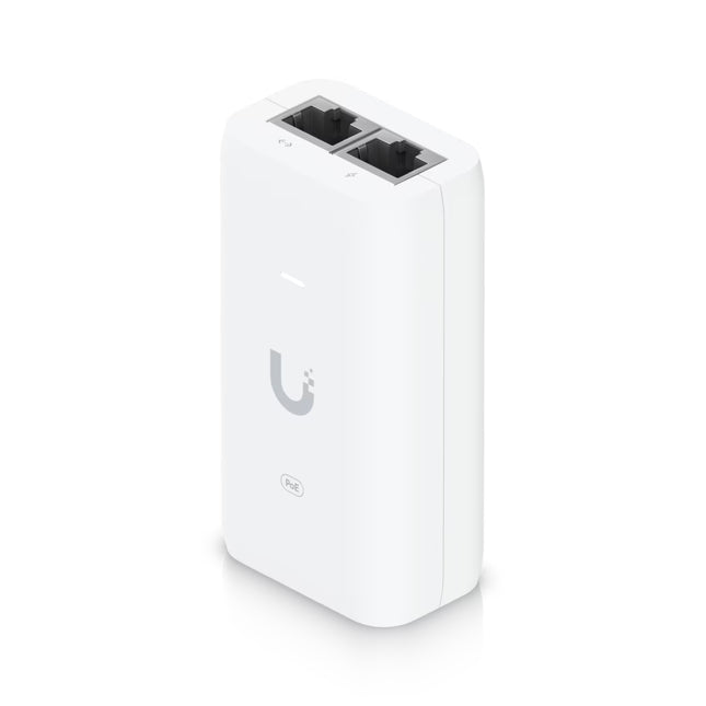 Front view of the Ubiquiti U-PoE 15W Gigabit PoE adapter showing status indicator LED.