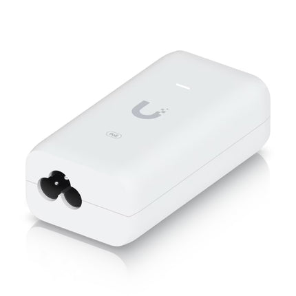 Side angle view of the compact white Ubiquiti U-PoE 15W 48V DC adapter.