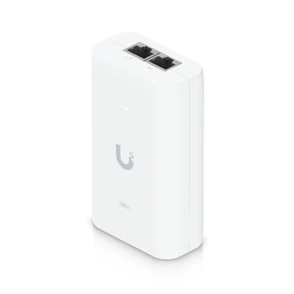 Ubiquiti U-POE+ 30W Gigabit PoE+ injector front profile view showing RJ45 ports and LED indicator.