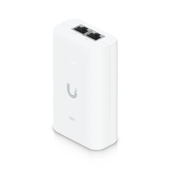 Ubiquiti U-POE+ 30W Gigabit PoE+ injector front profile view showing RJ45 ports and LED indicator.