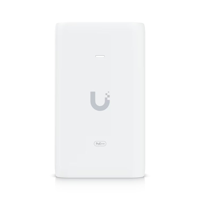 Detail view of the Gigabit LAN and PoE output ports on the Ubiquiti U-PoE++ 60W injector.