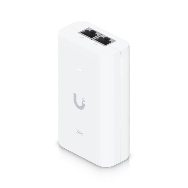 Front view of the Ubiquiti U-PoE++ 60W Gigabit PoE adapter showing LED status indicator.