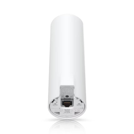 Bottom view of the Ubiquiti UniFi U6 Mesh access point showing the RJ45 Gigabit Ethernet Power over Ethernet (PoE) port, rubber cabling seal, and reset button.