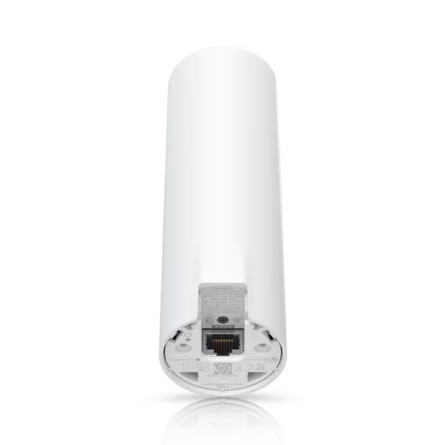 Bottom view of the Ubiquiti UniFi U6 Mesh access point showing the RJ45 Gigabit Ethernet Power over Ethernet (PoE) port, rubber cabling seal, and reset button.