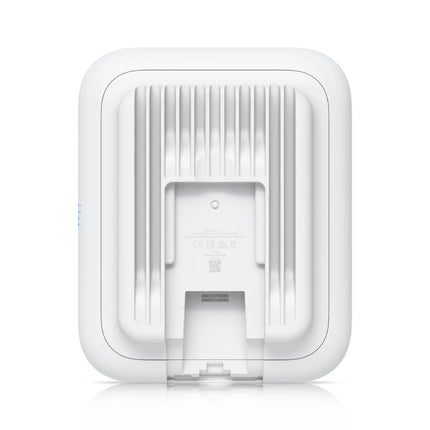 Front-facing product shot of the smooth, minimalist Ubiquiti U7 Outdoor access point configured without external antennas to utilize its internal directional beam.