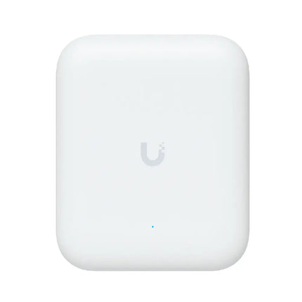 Front view of the Ubiquiti U7 Pro Outdoor WiFi 7 access point showing its ruggedized chassis and integrated mount.