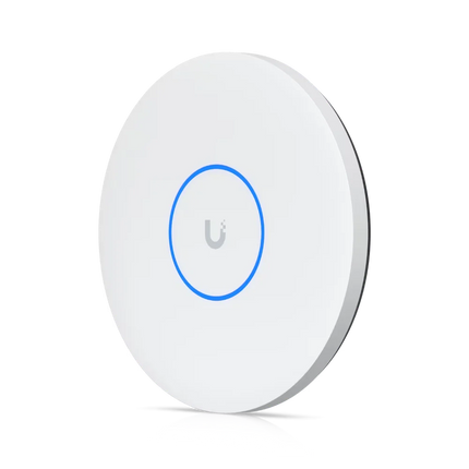 Ubiquiti UniFi U7 Pro XG WiFi 7 ceiling-mount access point in white, top-down view of the circular LED ring enclosure