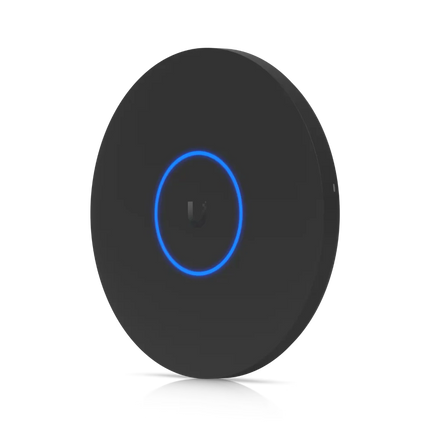 Ubiquiti UniFi U7 Pro XG WiFi 7 ceiling-mount black access point in white, top-down view of the circular LED ring enclosure