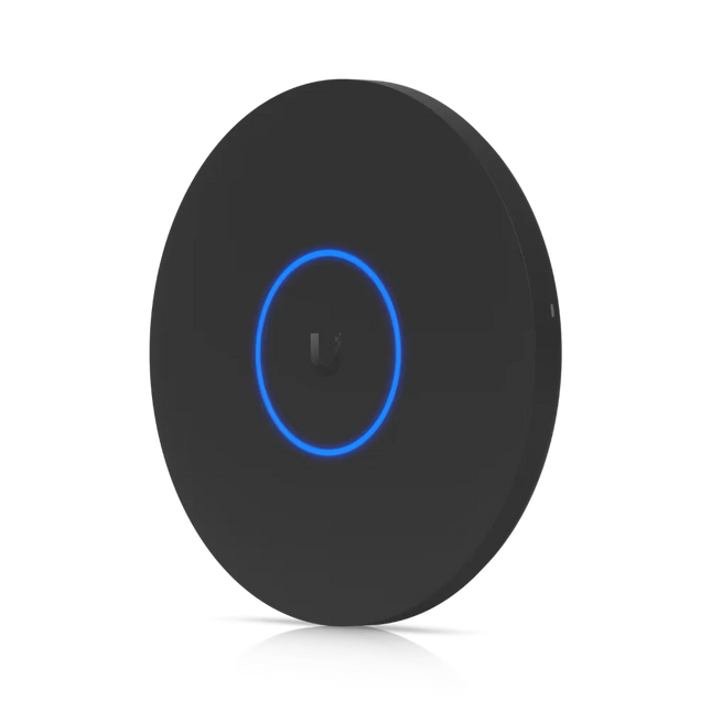 Ubiquiti UniFi U7 Pro XG WiFi 7 ceiling-mount black access point in white, top-down view of the circular LED ring enclosure