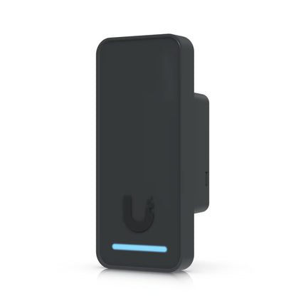 Ubiquiti UA-G2-Black access reader installed on an entry door frame with LED status indicator