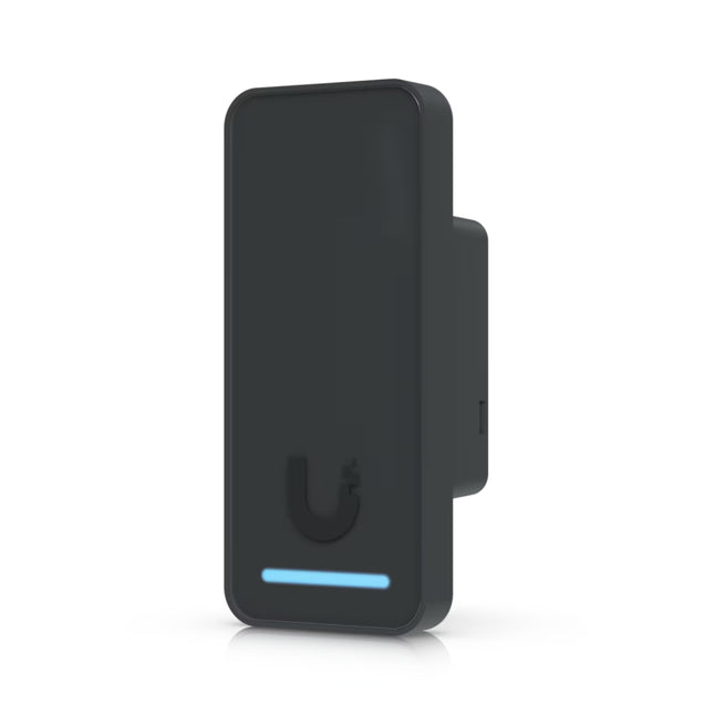 Ubiquiti UA-G2-Black access reader installed on an entry door frame with LED status indicator
