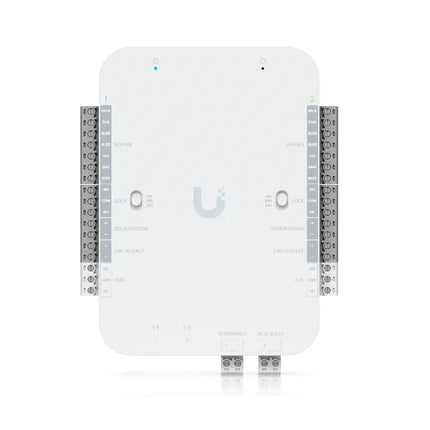 Front isometric view of the Ubiquiti UA-Retrofit-Hub-2 Access Control Hub mounted on a DIN-rail.