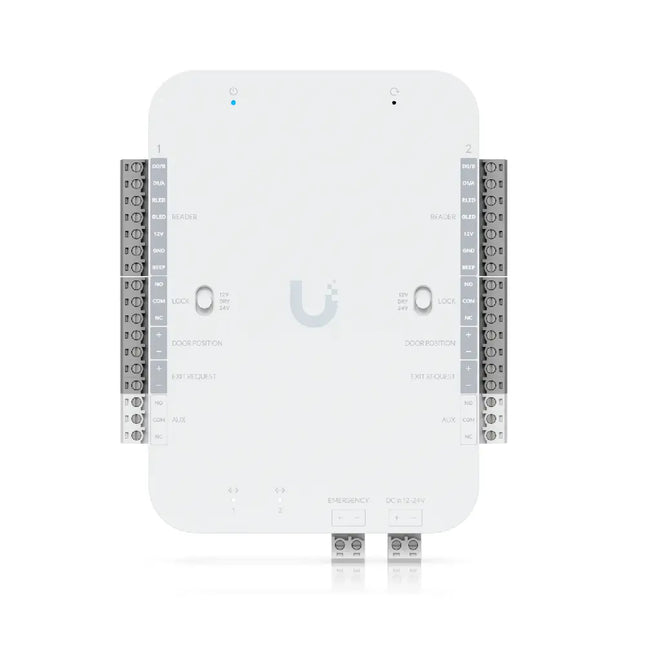 Front isometric view of the Ubiquiti UA-Retrofit-Hub-2 Access Control Hub mounted on a DIN-rail.