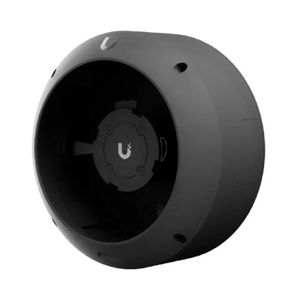 Ubiquiti UACC-AI-360-JB junction box angled view showing aluminum alloy housing and 3/4 inch conduit entry points.