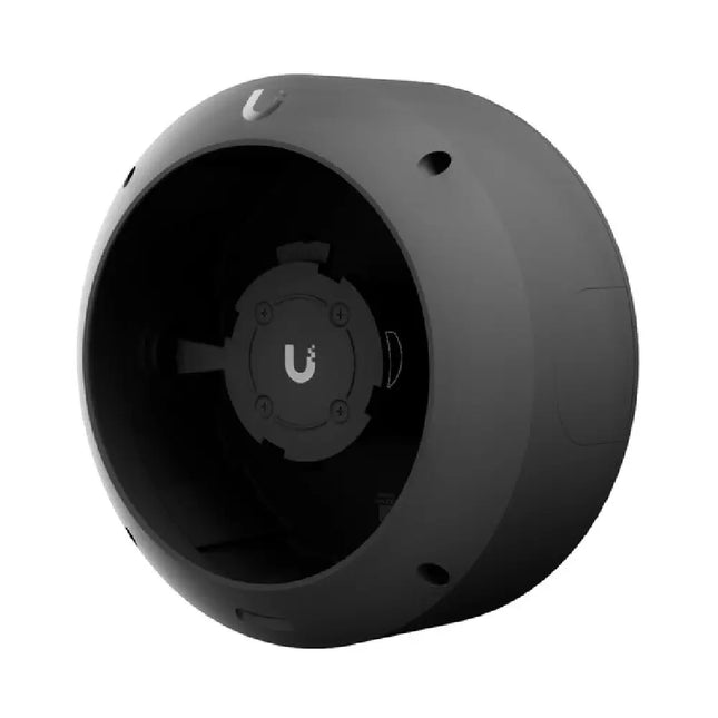 Ubiquiti UACC-AI-360-JB junction box angled view showing aluminum alloy housing and 3/4 inch conduit entry points.