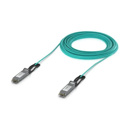 Ubiquiti UACC-AOC-QSFP28 100G long-range active optical direct attach cable coiled with aqua jacket
