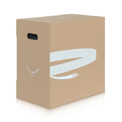 Ubiquiti UACC-CABLE-C6A-CMR 305m Cat6A bulk cable box and spool view.