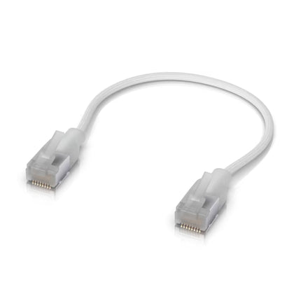 Ubiquiti UACC-Cable-Patch-EL-C6A .15m Cat6A 0/ patch cable showing translucent RJ45 Etherlighting boots.
