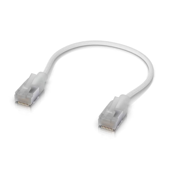 Ubiquiti UACC-Cable-Patch-EL-C6A .15m Cat6A 0/ patch cable showing translucent RJ45 Etherlighting boots.