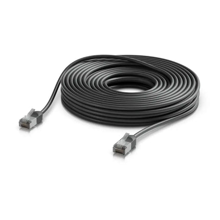 Close-up of frosted booted and shielded RJ45 connector on Ubiquiti outdoor Cat6A cable.