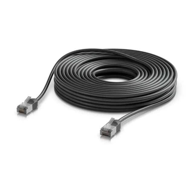 Close-up of frosted booted and shielded RJ45 connector on Ubiquiti outdoor Cat6A cable.